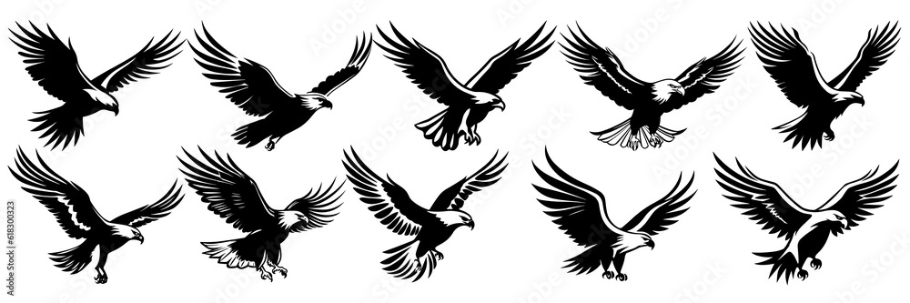 Eagle silhouettes set, large pack of vector silhouette design, isolated white background