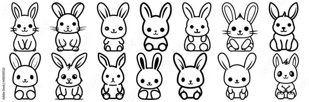 Kawaii rabbit silhouettes set, large pack of vector silhouette design, isolated white background
