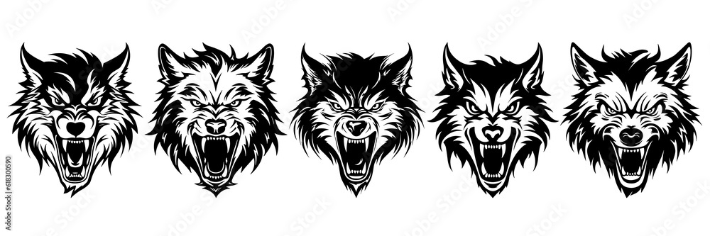 Fototapeta premium Wolf silhouettes set, large pack of vector silhouette design, isolated white background.