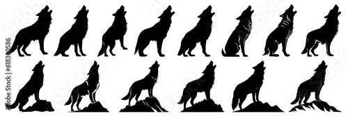 Wolf silhouettes set, large pack of vector silhouette design, isolated white background.