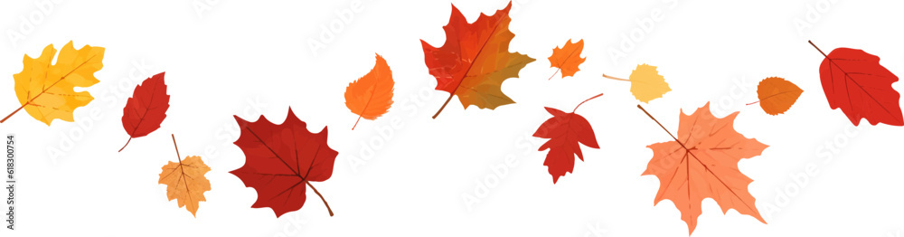 Fototapeta premium Autumn leaf border.Wave of falling leaves.Leaf fall.Autumn flying leaves.Watercolor leaves in the wind.Autumn leaves seamless border.