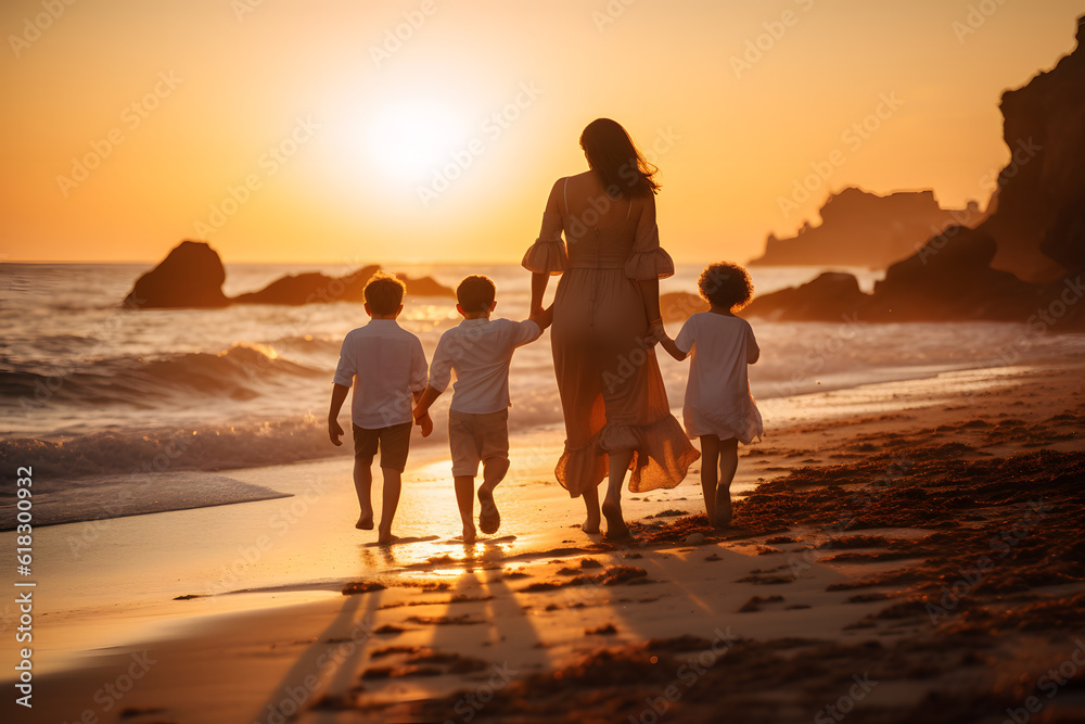 Happy family walking on the beach