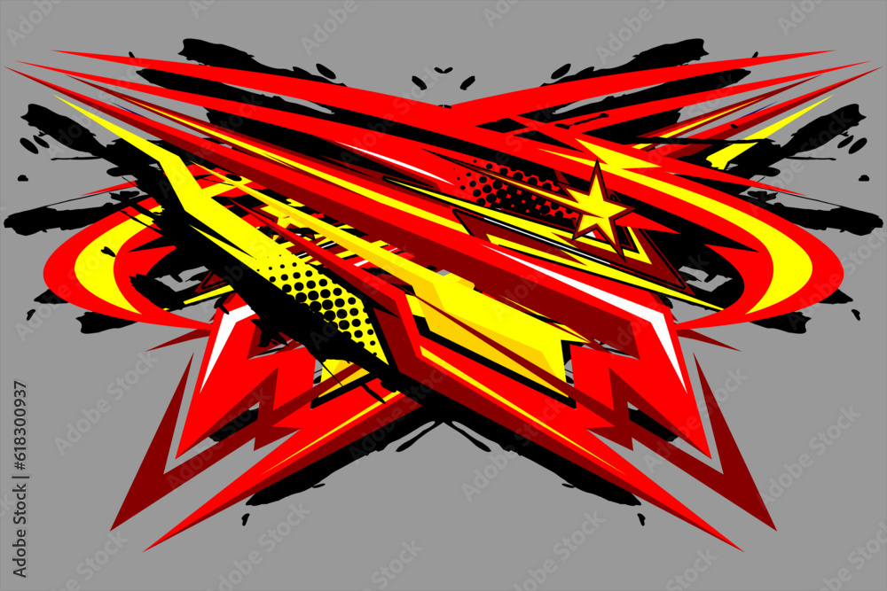 design vector racing background with a unique stripe pattern and with a combination of bright colors such as red, yellow and with star effects and spots, perfect for your car wrapping design