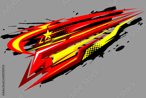 design vector racing background with a unique stripe pattern and with a combination of bright colors such as red, yellow and with star effects and spots, perfect for your car wrapping design
