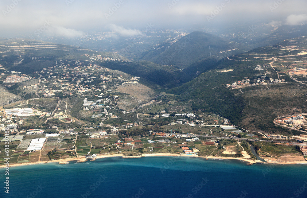 Lebanon from the air- Aerial view from the mountain to the sea.