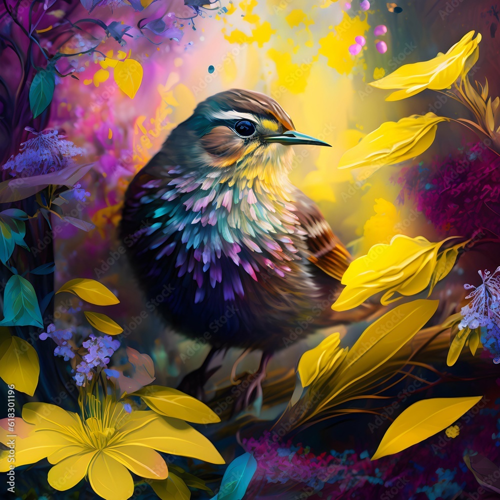 a bird in the spring flowers spring is in the air magical landscape emotions colorful hyper detailed 