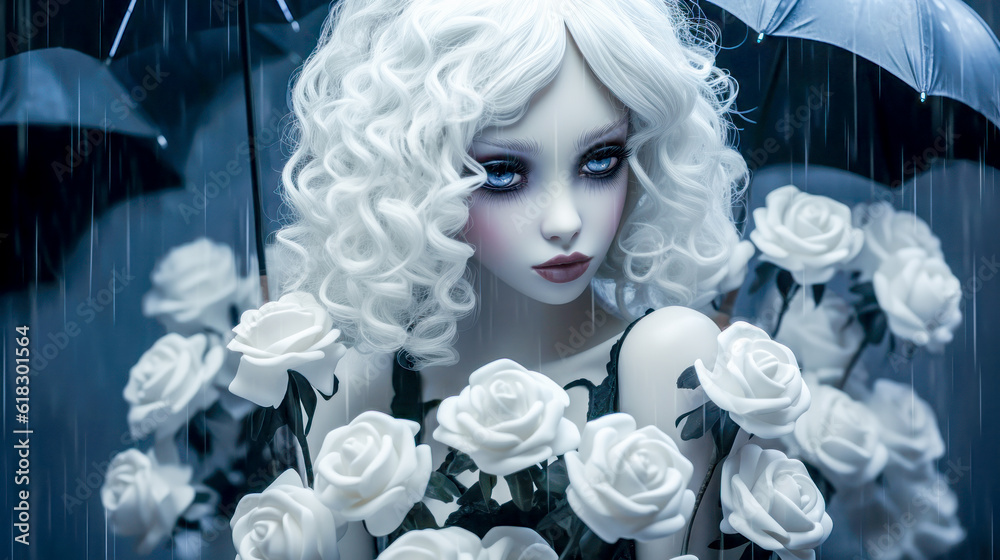 Sad Doll Face with Roses in Rain Illustration Generative AI Wallpaper Background Journal Digital Art
