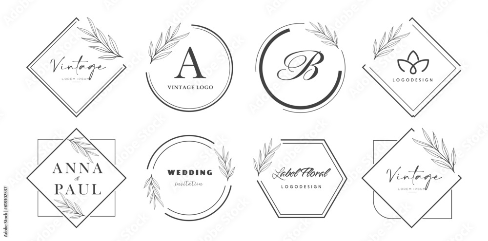 Set of logo emblems with floral elements. Badges for brand label. Wedding invitation card frames. Vector EPS10