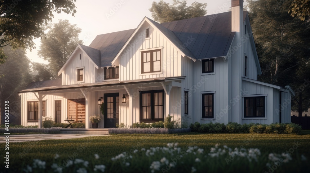 Classic American suburban modern farmhouse. Two story, white siding walls, dark shingle roof, spacious porch, neatly trimmed lawn, soft morning lighting. Mockup, 3D rendering.
