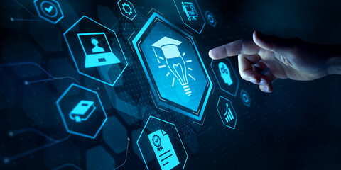 E-learning technology, webinar, online education and training to develop new skills and knowledge. AI-enhanced learning with personalized courses. Remote learning on internet. Virtual screen.