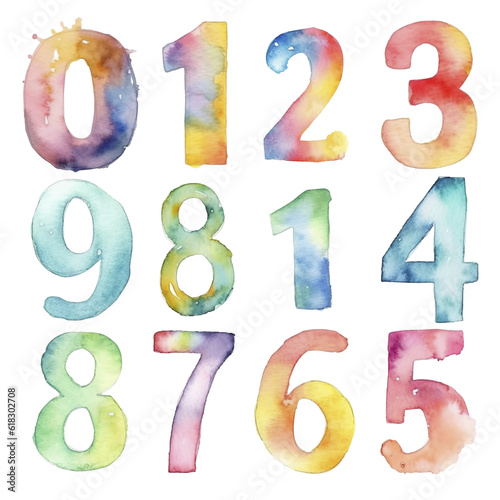 Set of colorful watercolor numbers. Vector illustration.