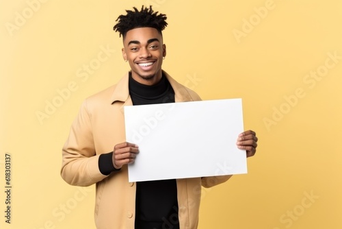 Cheerful black man with blank paper