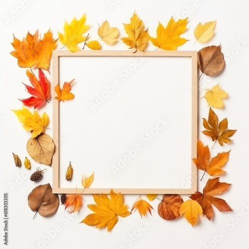 Frame made of autumn dried leaves on white background