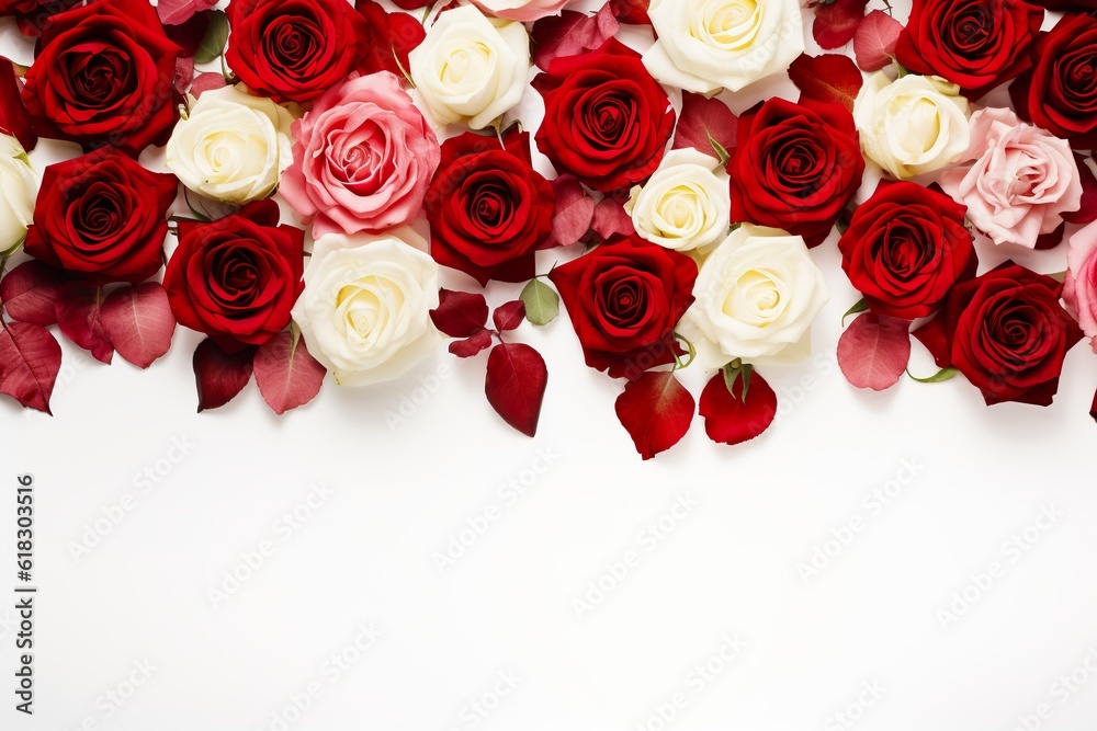 White banner background with with red roses and space for copy. AI generative art. White banner background with with red roses and space for copy. AI generative art.