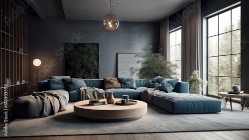 Cozy living room in blue and gray tones. Stylish sofa and ottoman, round coffee table, carpet on wooden floor, plants in pots, poster on the wall, panoramic windows with garden view. 3D rendering.