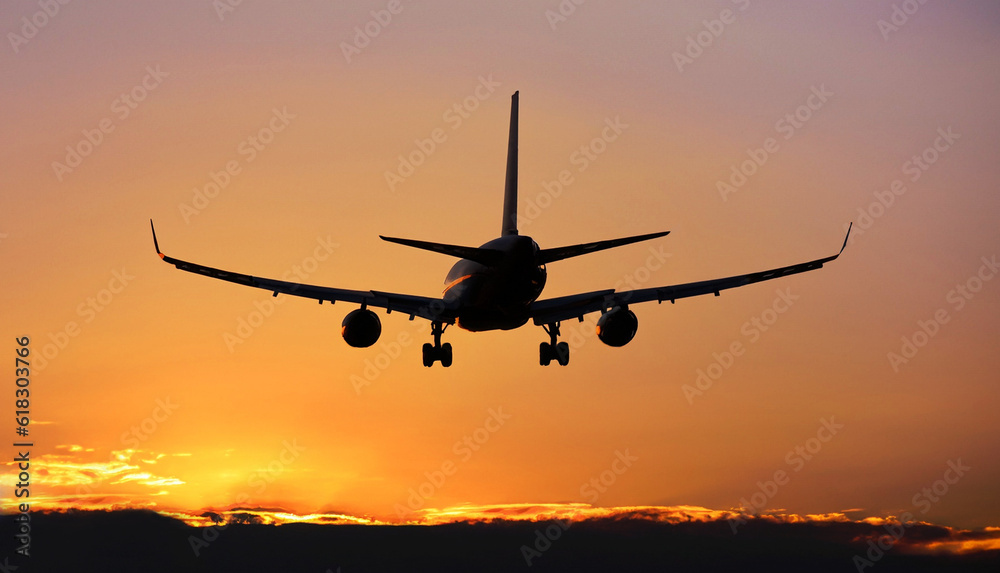 The silhouette of a passenger airplane flying in sunset