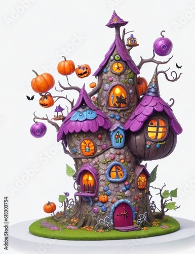A whimsical fairy house, adorned with vibrant colors, perched atop a spooky Halloween-themed landscape, against a crisp white background. "Created with generative AI tools"  © nabeelbaigart