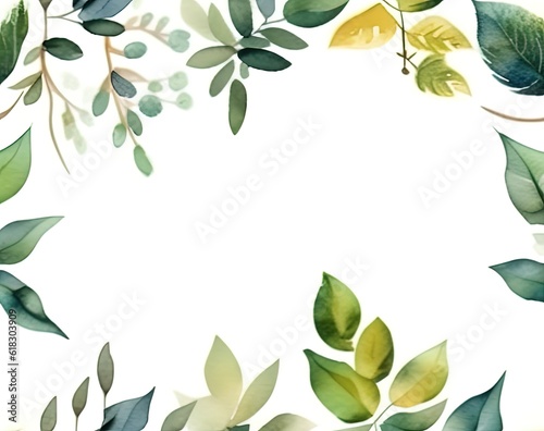watercolor green leaves and branches on white background