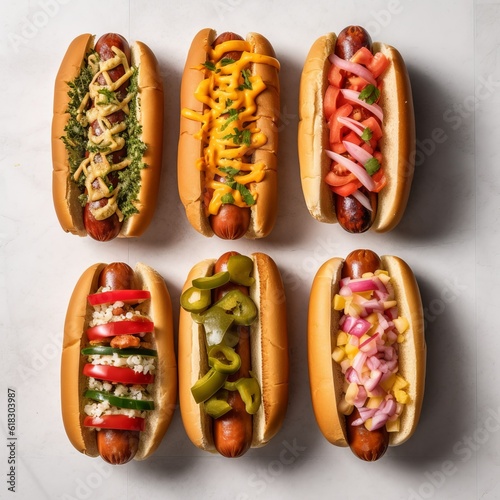 Hot dogs of different flavors. Street fast food. Bun with sausage and vegetables. Minimal background. Hearty calorie food. Generative AI

