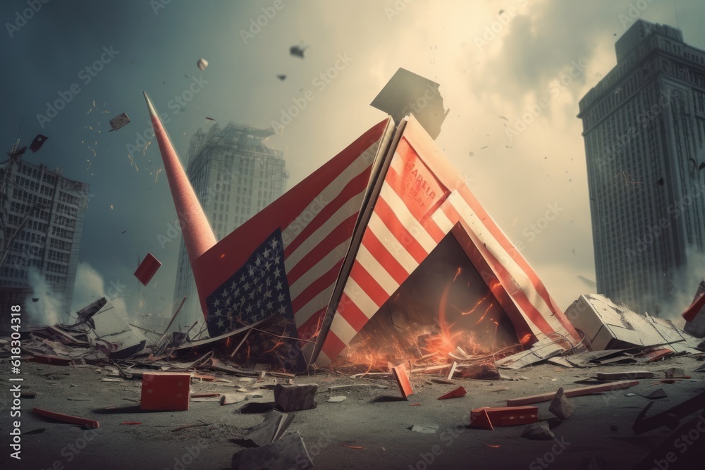 Fallen American flag against the background of the burning and