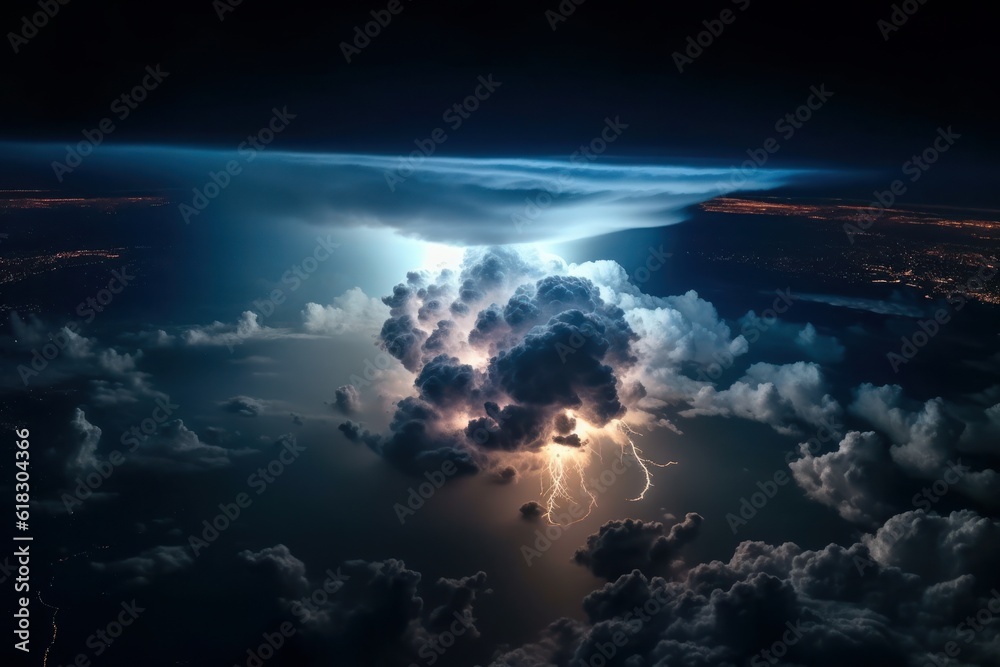 Naklejka premium Aerial view of a stormy night sky over the sea. Severe thunderstorm, cumulonimbus clouds and lightning. Colorful dramatic majestic landscape with sea horizon. Dark blue sky with amazing clouds.