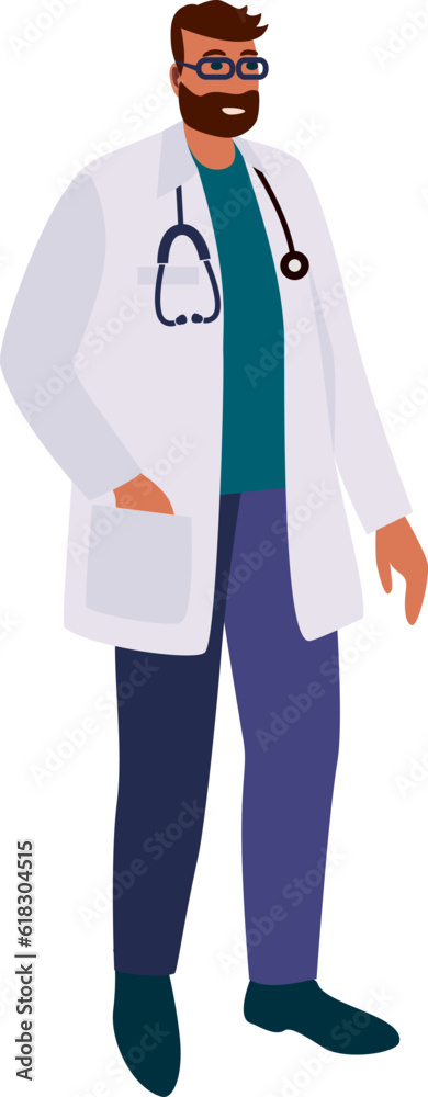 Doctor with a stethoscope. A man doctor in a medical uniform. Family doctor. Medical worker, paramedic.Flat vector illustration isolated on white background Doctor with a stethoscope. A man doctor in a medical uniform. Family doctor. Medical worker, paramedic.Flat vector illustration isolated on white background