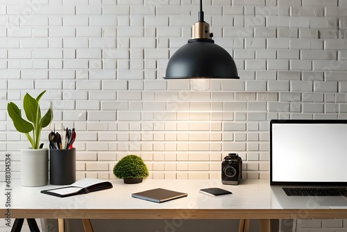 Local de trabalho moderno com laptop e acessórios na mesa perto da parede de tijolos.  photo