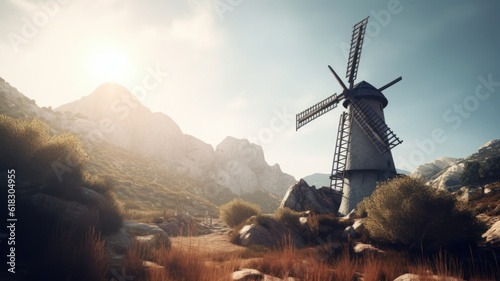 A traditional old stone mill on a hillside against the backdrop of beautiful mountains and a vibrant sunset sky. European historical landscape, romance and beauty of nature.
