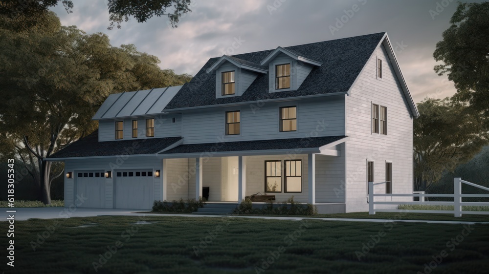 Classic American suburban modern farmhouse. Two story, white siding walls, dark shingle roof, spacious porch, garage for two cars, neatly trimmed lawn, evening lighting. Mockup, 3D rendering.