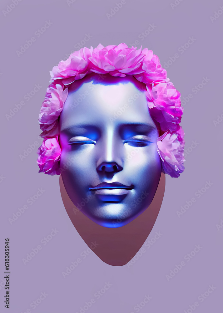 Portrait of the face of a young beautiful woman. Pastel lilac with neon blue luminous details. Female face is decorated with beautiful flowers. Bright pink large flowers. Flower wreath. Flat concept. Portrait of the face of a young beautiful woman. Pastel lilac with neon blue luminous details. Female face is decorated with beautiful flowers. Bright pink large flowers. Flower wreath. Flat concept.