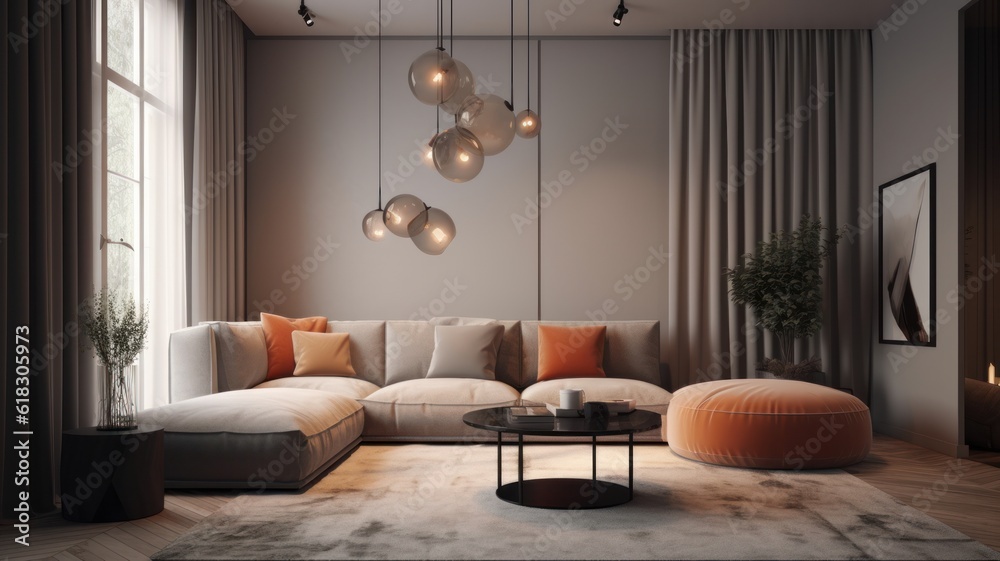 Interior of cozy modern living room. Stylish corner sofa and ottoman ...
