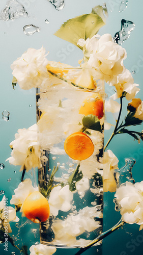 Summer exotic art concept. A fresh idea. Lemon slices  ice  drops of water and white blooming flowers. Floating on water. Composition of yellow and blue colors and transparent elements. Flat position.