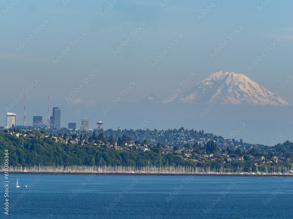 Seattle skyline with Mt. Rainier in the background. View from Puget Sound, Washington State, USA