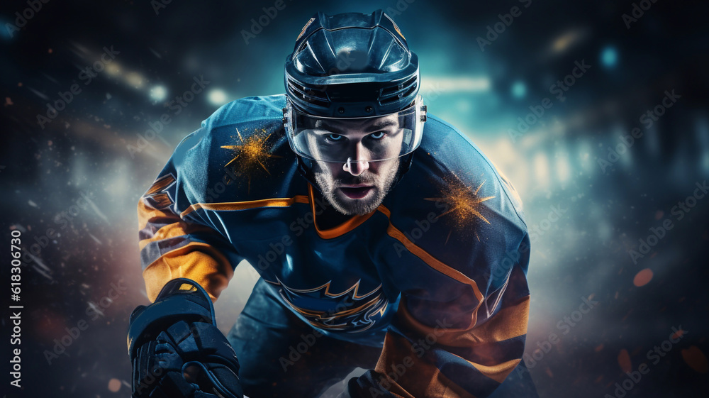 Ice Hockey player athlete in the helmet and gloves on stadium with stick. Action shot. Sport concept. Sports betting. Bets in the mobile application. Generative AI