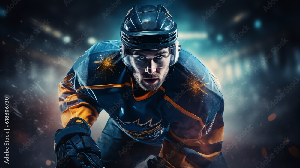 Ice Hockey player athlete in the helmet and gloves on stadium with stick. Action shot. Sport concept. Sports betting. Bets in the mobile application. Generative AI Ice Hockey player athlete in the helmet and gloves on stadium with stick. Action shot. Sport concept. Sports betting. Bets in the mobile application. Generative AI