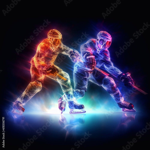 Ice Hockey player athlete in the helmet and gloves on stadium with stick. Action shot. Sport concept. Sports betting. Bets in the mobile application. Generative AI