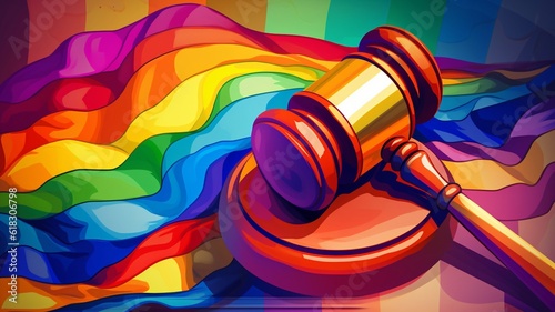 Wooden judge mallet on lgbt rainbow flag. Law and lgbt Generative AI photo