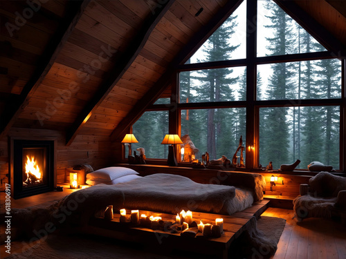 Illustration of a rustic bedroom with fireplace inside a chalet, warm cozy lighting at sunset - AI generative- AI generative 