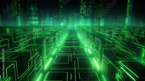 3d render, abstract background with microchip glowing with green neon fluorescent light. Virtual reality matrix, cyber network, Generative Ai