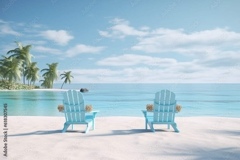 3d rendering. Beautiful beach. Chairs on the sandy beach near the sea. Summer holiday and vacation concept for tourism. Inspirational tropical landscape. Generative Ai