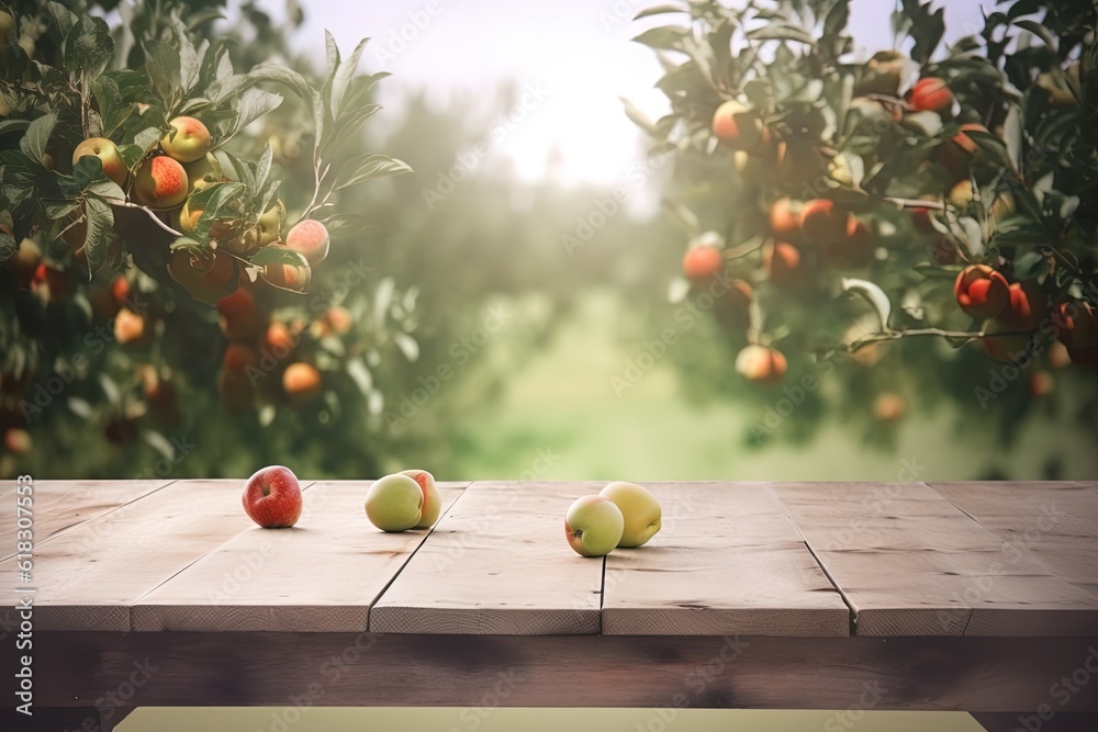 Wooden table with apples on it, background of apple trees. Template for ...
