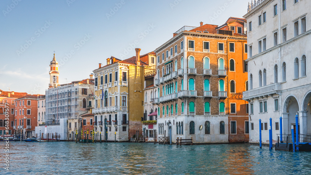 The Grand Canal with historic buildings in Venice at a beautiful sunny morning, Italy, Europe.