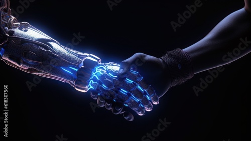 Handshake of a cyborg and a human. Metal hand and human hand. Futuristic digital age, robotics, digital technologies, scientific progress. Black background, copy space. Mock up, 3D rendering.