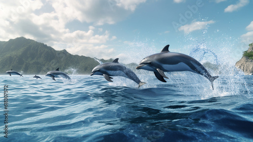 Deep Blue Beautiful dolphins jumping out of an amazing blue Ocean. Generative Ai