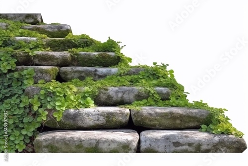 Cut out stairs made of large stone steps. Staircase lined with green plants for landscaping or garden design. Rock steps isolated on white background. Generative AI