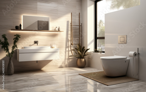 Contemporary upscale wall-mounted toilet with a closed seat  dual flush  ribbed glass partition  bidet  tissue paper holder  and a white bathtub on a granite tile floor  all illuminated by sunlight