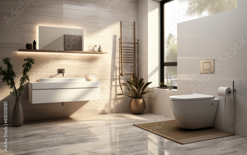 Contemporary upscale wall-mounted toilet with a closed seat, dual flush, ribbed glass partition, bidet, tissue paper holder, and a white bathtub on a granite tile floor, all illuminated by sunlight