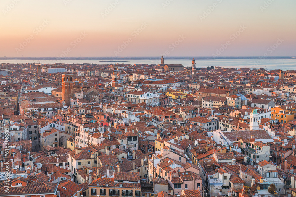 Top view of Venice from the St. Mark's Campanile tower at sunset, Italy, Europe.