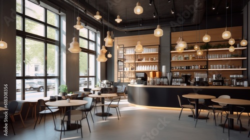 Interior of a modern loft style coffee shop. Concrete walls with open shelves, wooden bar counter and tables, pendant lamps, green plants, large panoramic windows. Modern hipster lifestyle concept. © Georgii
