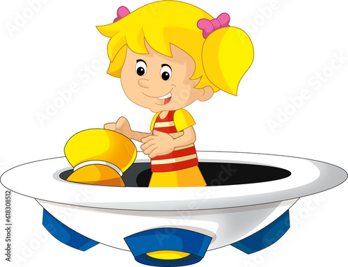 Cartoon kid on a toy funfair space ship or star ship amusement park or playground isolated illustration for children